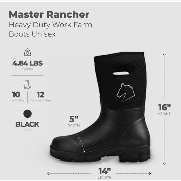 Master Rancher Heavy Duty Work Farm Boots Unisex Men's 10 Women's 12, Black - Picture 6 of 8
